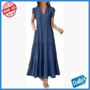 Summer Maxi Dress V Neck Ruffle Sleeve Flowy Boho Beach Vacation Sundress